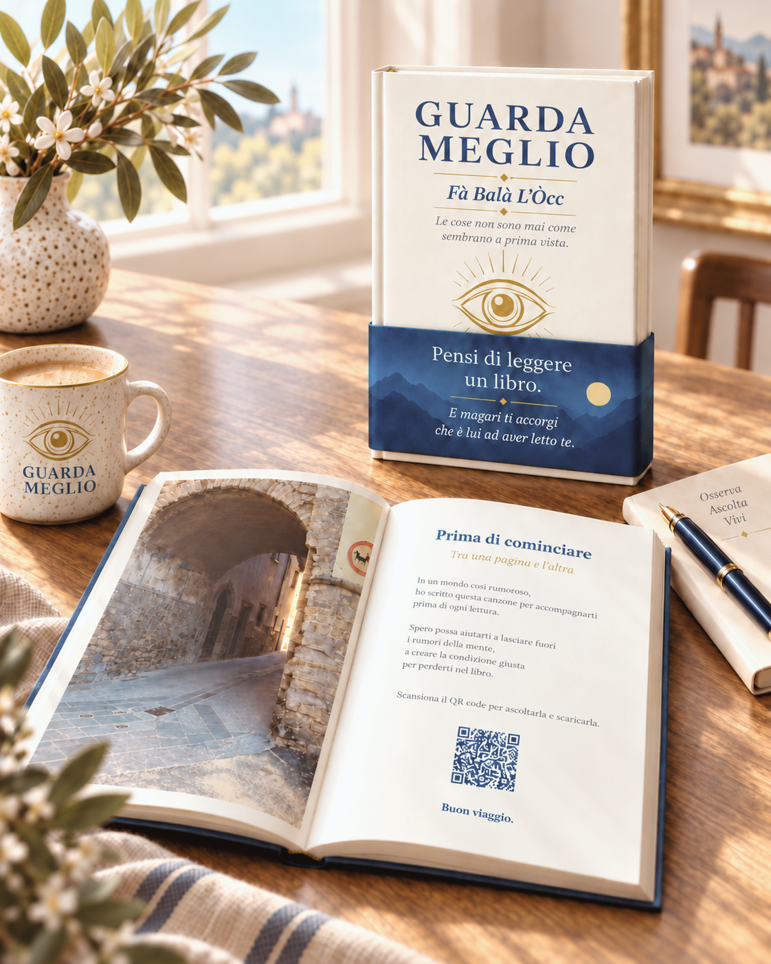 Guarda Meglio con fascetta blu e libro aperto sulla pagina introduttiva con QR code della canzone